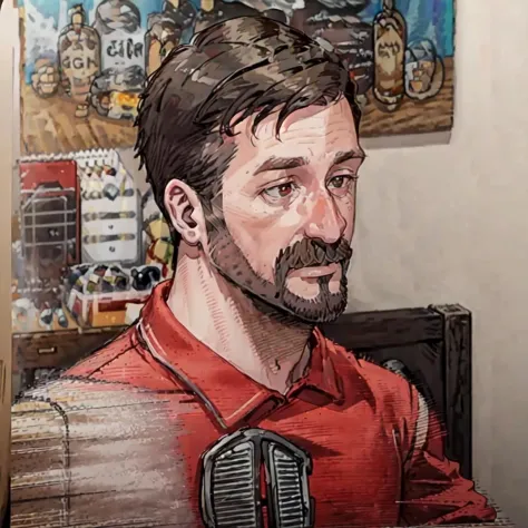 ((pencil drawing)), 1boy, male focus, facial hair, solo, beard, realistic, brown hair, shirt, earphones, mustache, blurry, red shirt, blurry background, masterpiece, best quality,