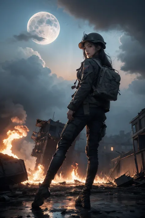 1girl, 
 heavy rain, 
bfbfbf, fire, battlefield, Best quality, ultra high res, excellent composition, cinematic atmosphere, dynamic dramatic ambient light, wreckage, flying, burning, solo, english text, long hair, destruction, muted color, blue eyes, blue lips, piggyback, from below, black hair, large breasts, blood, cuts, eyelashes, injury, spacecraft, aircraft, moon, military uniform, gil army uniform, floating hair, soldier, explosion, helmet, burning clothes, full body, explosive, world war i, black background, hat, blood from mouth, smoke trail, looking down, nosebleed, battle damage, unconscious, military, damaged, building, very long hair, looking at viewer, military hat, carrying, sky, moonlight, cloud, uniform, cape, dirty, looking back, cloudy sky, breasts, 
masterpiece, aesthetic
 <lora:æåºæ°å´v3:0.6>