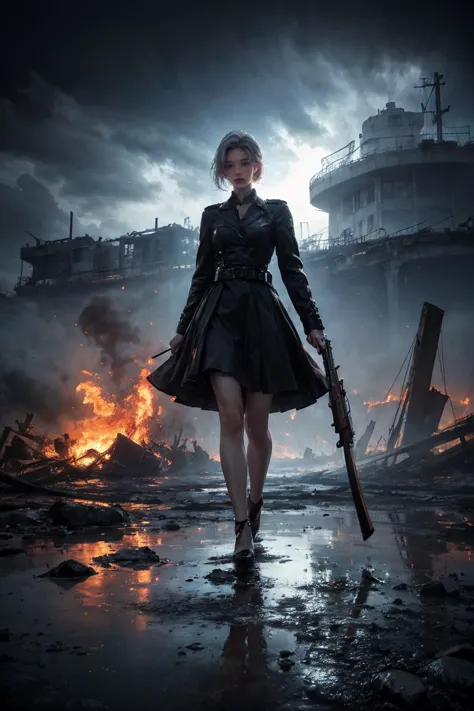 1girl, 
 heavy rain, 
bfbfbf, fire, battlefield, Best quality, ultra high res, excellent composition, cinematic atmosphere, dyna...