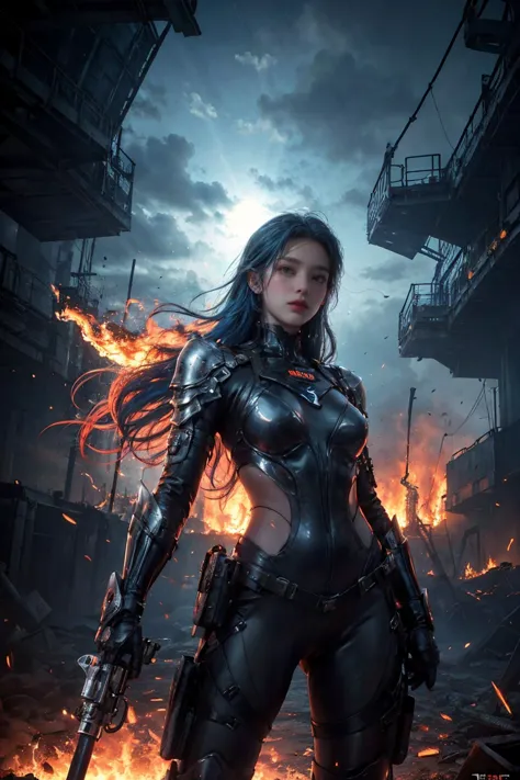 1girl, 
 heavy rain, 
bfbfbf, fire, battlefield, Best quality, ultra high res, excellent composition, cinematic atmosphere, dynamic dramatic ambient light, weapon, welding mask, giant, pilot, pilot suit, explosion, blood from mouth, dirty face, blue hair, energy gun, blood on face, gun, midair, very long hair, giant monster, ammunition, goggles, mirage magic girls uniform, after battle, explosive, armor, long hair, grenade, looking to the side, damaged, handgun, smile, green eyes, blood, smoke, glowing, looking up, science fiction, monster, fire helmet, glowing hot, standing, goggles on head, blood from eyes, 
masterpiece, aesthetic
 <lora:æåºæ°å´v3:0.6>