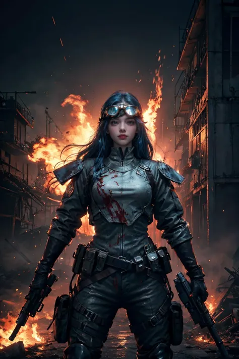 1girl, 
 heavy rain, 
bfbfbf, fire, battlefield, Best quality, ultra high res, excellent composition, cinematic atmosphere, dynamic dramatic ambient light, weapon, welding mask, giant, pilot, pilot suit, explosion, blood from mouth, dirty face, blue hair, energy gun, blood on face, gun, midair, very long hair, giant monster, ammunition, goggles, mirage magic girls uniform, after battle, explosive, armor, long hair, grenade, looking to the side, damaged, handgun, smile, green eyes, blood, smoke, glowing, looking up, science fiction, monster, fire helmet, glowing hot, standing, goggles on head, blood from eyes, 
masterpiece, aesthetic
 <lora:æåºæ°å´v3:0.6>