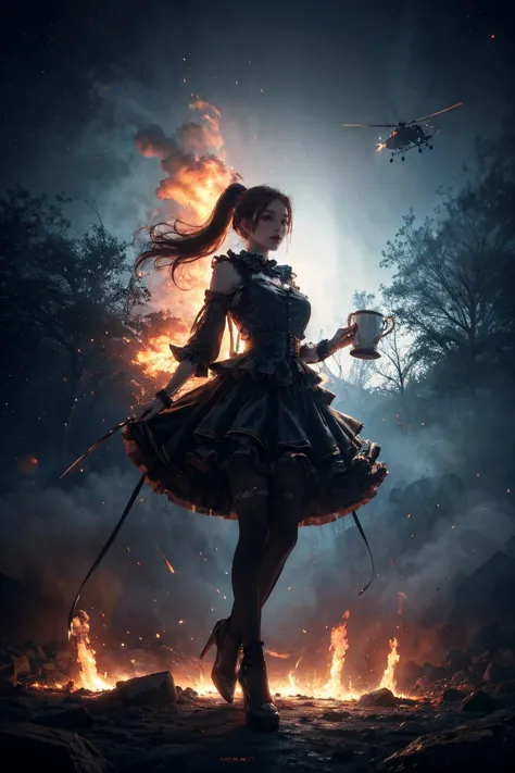 1girl, 
 heavy rain, 
bfbfbf, fire, battlefield, Best quality, ultra high res, excellent composition, cinematic atmosphere, dyna...