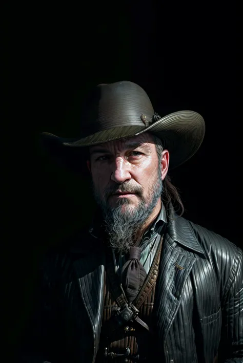 a close up of a man wearing a hat and a leather jacket