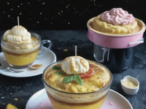 there are three desserts in a glass bowl on a table