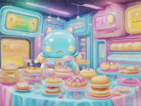 there is a cartoon cat that is sitting in a room with cakes