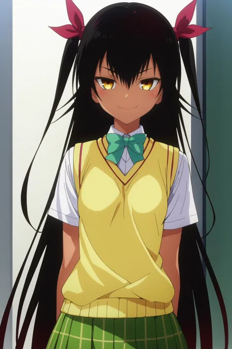 1girl, master_nemesis, to love-ru darkness, black hair, very long hair, yellow eyes, dark skin, smug, hair ribbon,  sainan high school uniform, plaid skirt, sweater, bowtie, short sleeves, small breasts, 
score_9, score_8_up, score_7_up, source_anime, very aesthetic, absurdres, rating explicit,  <lora:master_nemesis_ponyv6:1>,   anime screencap, anime coloring, yabuki kentarou,