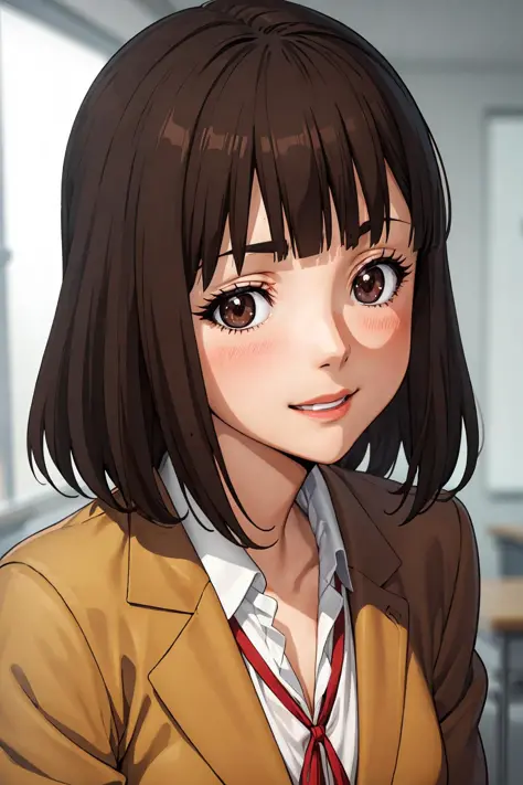 (anime:1.2), (best quality:1.1), (masterpiece:1.1), (absurdres:1.0), portrait, close-up,
1girl, kurihara chiyo, bob cut, brown hair, brown eyes, bangs, blunt bangs, medium breasts, , brown jacket, looking at viewer, classroom, blush, smile, ribbon, happy, cute, endearing,
