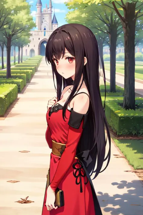 masterpiece,best quality,cowboy shot,fist,outdoor,tower,castle,trees,hetero,breasts,looking_at_viewer,long hair,cleavage,blush,shy,symmetry eyes,symmetry,hand on own chest,medium breasts,selest,red dress,<lora:0018LV1selest:0.8>,(mature frmale:1.4),beautifly,black sleeves,bare shoulders,