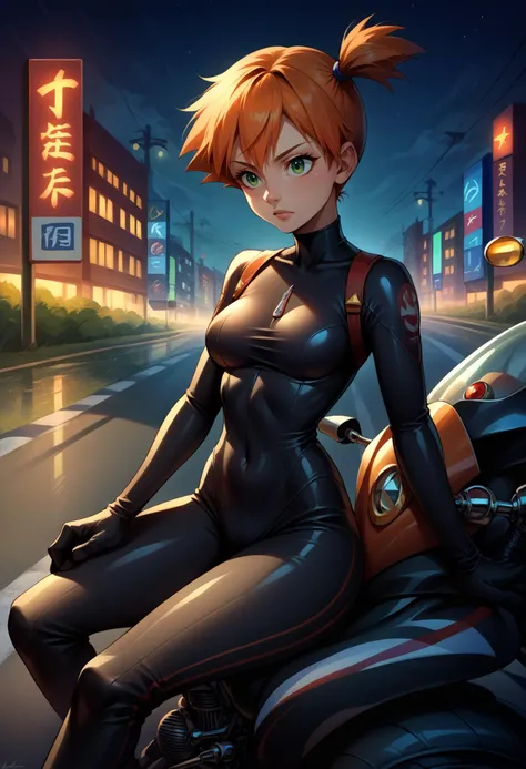 a woman in a black cat suit sitting on a motorcycle