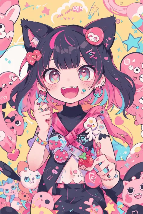 1girl,solo,jewelry,ring,colorful,multicolored hair,multicolored eyes,open mouth,pink eyes,hair ornament,black hair,pink hair,earrings,heart,bangs,looking at viewer,teeth,food,animal ears,sticker,
<lora:Rabbit_Nintendo Switch:0.5>,