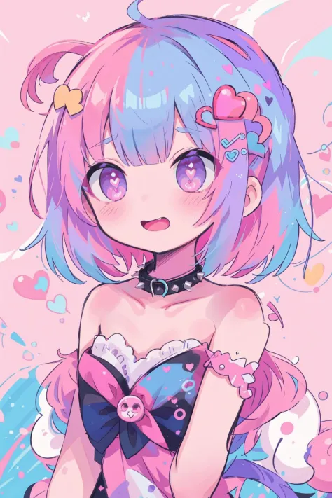 1girl,solo,heart hair ornament,spiked collar,collar,heart,hair ornament,multicolored hair,spikes,upper body,bare shoulders,pink hair,looking at viewer,cum,strapless,dress,black collar,multicolored background,pink eyes,colorful,purple eyes,bangs,blue hair,m...