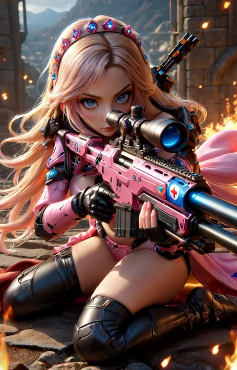 ((hyperrealistic)) cinematic photo of sexy Princess Peach from Super Mario Brothers with Sniper Rifle, perfect eyes, blue eyes, ...