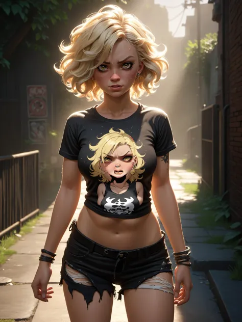 (1girl), medium breasts, tan, dewy skin, sweaty skin, wavy blonde hair, punk tshirt, punk girl, high resolution, best quality, 4k visible face, realistic shaded lighting, path traced, highly detailed, high quality, 4k, trending on artstation, treasure planet, detailed background, dynamic angle, dynamic pose, full body shot