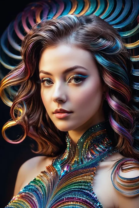 a woman with colorful hair and a dress with a peacock feather