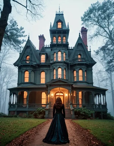 cinematic still the most Exquisite female ever,haunted victorian mansion surrounded by misty woods . emotional, harmonious, vign...