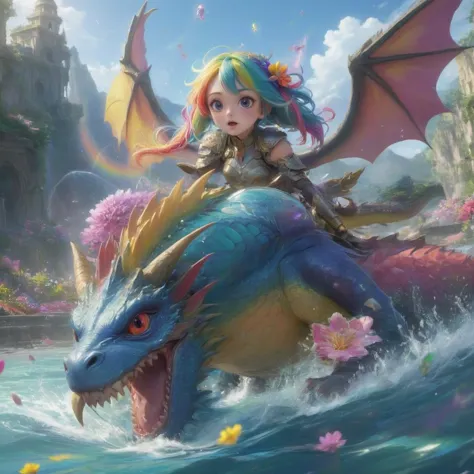 a woman riding a dragon in the water with flowers