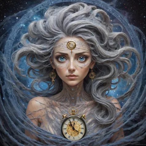 Goddess of Time, she exists beyond the confines of mortal perception, skin bearing the marks of eternity. Eyes, ageless and wise...