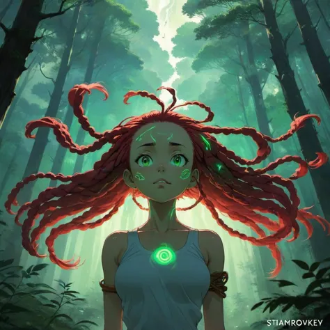 Außerirdische Frau mit grünen und roten Dreadlocks in einer dunklen, rauchigen Waldumgebung, Haare herumgefächert, Symmetrische Gesichtszüge. von Makoto Shinkai, Stanley Artgerm Lau, Wlop, Abonnieren, James Jean, Andrei Riabovitchev, Marc Simonetti, krenz cushart, Sakimichan, Trends auf ArtStation, Digitale Frau mit strahlender Energie von Bruce Brenneise, Wayne Haag und Hayao Miyazaki, Wolkenhintergrund, üppige Landschaft, ln-Illustration, Konzeptkunst, Anime, Schlüsselbild, Trending, Pixiv von Victo Ngai, Fanbox von Greg Rutkowski, Makoto Shinkai, Takashi Takeuchi, Studio Ghibli