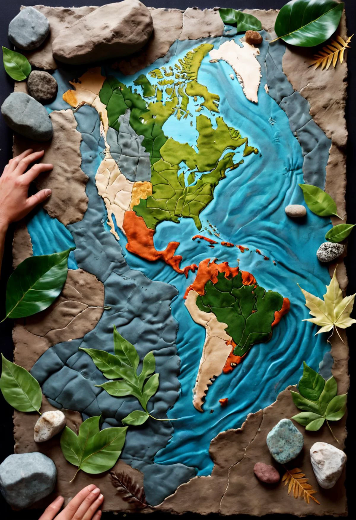 Un collage de técnicas mixtas que utiliza materiales terrestres como hojas., lodo, y rocas para crear un mapa táctil de un mundo ficticio, alta resolución, mejor calidad, 4k