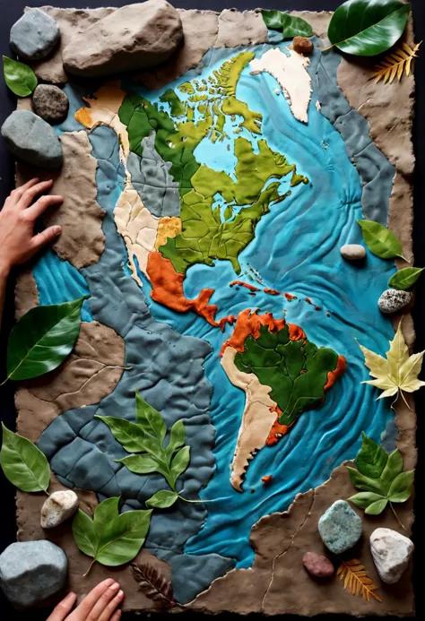 Eine Mixed-Media-Collage aus Erdmaterialien wie Blättern, Dreck, und Steine, um eine taktile Karte einer fiktiven Welt zu erstellen, Hohe Auflösung, beste Qualität, 4k