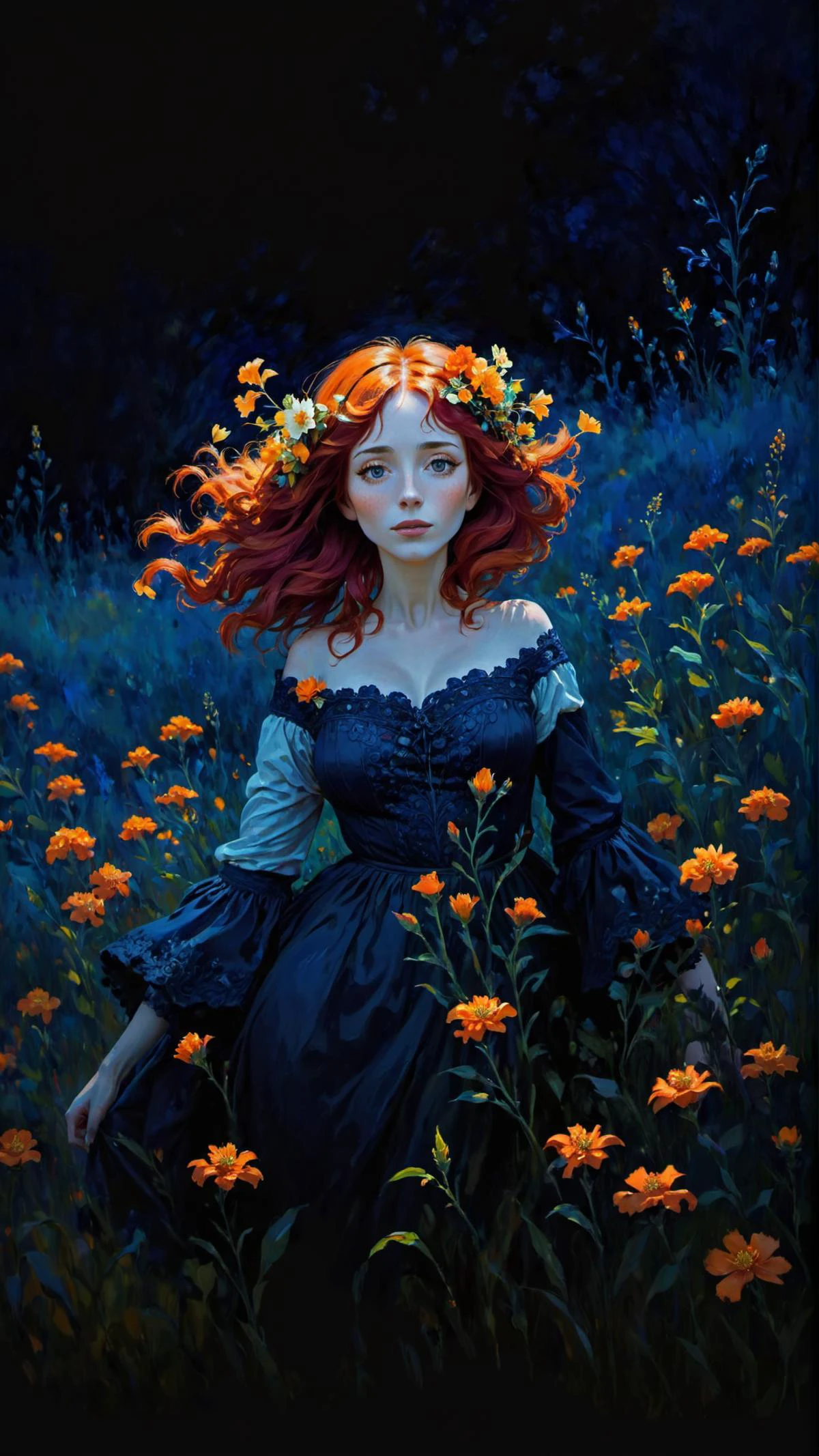 الرسم الانطباعي على طراز كلود مونيه, امرأة ذات شعر أحمر وزهور برتقالية في شعرها, في حقل زهور البرتقال, خلفية زرقاء داكنة, ألوان نابضة بالحياة, فن الخيال,