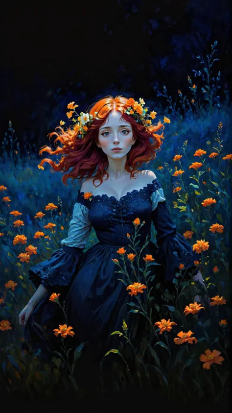 peinture impressionniste à la manière de Claude Monet, une femme aux cheveux rouges et des fleurs orange dans les cheveux, dans un champ de fleurs oranges, fond bleu foncé, couleurs vives, art fantastique,