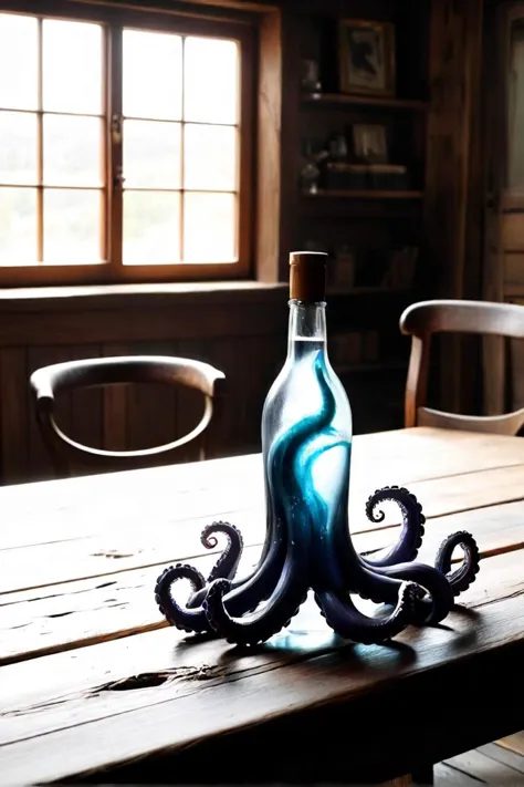 in the dimly lit room, a mysterious black bottle with twisted tentacles rests on a worn wooden table. the corked top of the bottle hints at secrets untold. the air is thick with anticipation, as if time has paused to listen to the whispers of ancient magic contained within the glass depths. suddenly, a gust of wind rushes through the open window, causing the tentacles on the bottle to writhe and twist in a frantic dance. they reach out like desperate hands, grasping for something unseen but real. their movements create a mesmerizing pattern that swirls around the bottle, making it appear as if the glass itself is alive. the surrounding atmosphere changes rapidly. the previously still air now carries an electric charge, crackling with energy. the wooden table begins to quiver beneath the weight of the bottle, and the faint aroma of something sweet and musky fills the room. as quickly as it started, the rush stops. the tentacles cease their chaotic movement, and the air returns to its previous state of calm. the bottle remains undisturbed on the table, the only sign of the recent rush being the slightly more disheveled appearance of the tentacles.