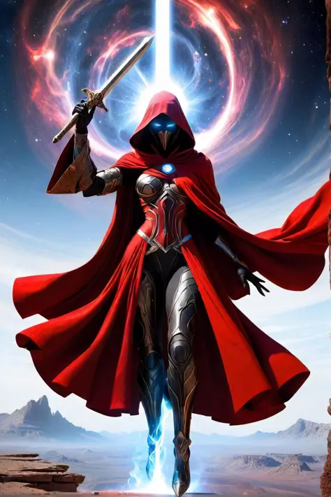 in the vast expanse of the galaxy, a being cloaked in black and red soars through the void. this figure, embodying both wisdom a...