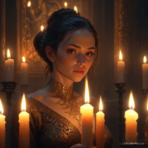 intricate woman lit by candles, digital painting, artstation, concept art, craig mullins, breathtaking, 8 k resolution, extremely detailed, beautiful, establishing shot, artistic, hyperrealistic, octane render, cinematic lighting, dramatic lighting, masterpiece, light brazen, extremely detailed and beautiful face