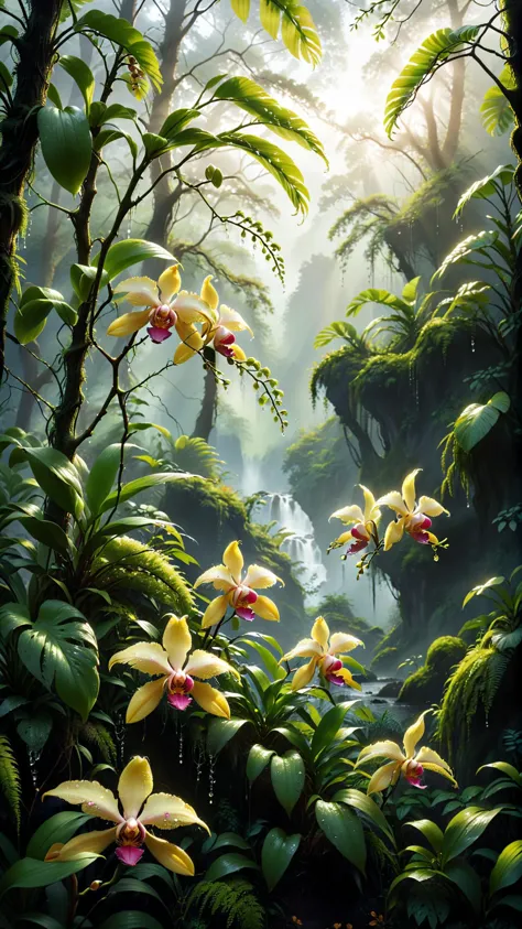 low angel, golden colors,In the depths of a lush green forest, the first rays of sunrise pierce through the misty mountain tops. Hanging plants and vines sway gently in the breeze, their leaves glistening with dew drops. Amidst this serene environment, a rare bloom of exotic orchids can be seen, adding a pop of color to the otherwise muted landscape. Nature's beauty unfolds before us as the day begins to take shape.,
vibrant, translucent, intricate, extreme detailed, full of details,
Wide range of colors, Dramatic,Dynamic,Cinematic,Sharp details
Insane quality. Insane resolution. Insane details. Masterpiece. 32k resolution.
<lora:add-detail-xl:0.9>  dvr-lnds-sdxl <lora:MJ52:0.5>  <lora:zavy-cntrst-sdxl:0.4>  <lora:zavy-rmlght-sdxl:0.4>