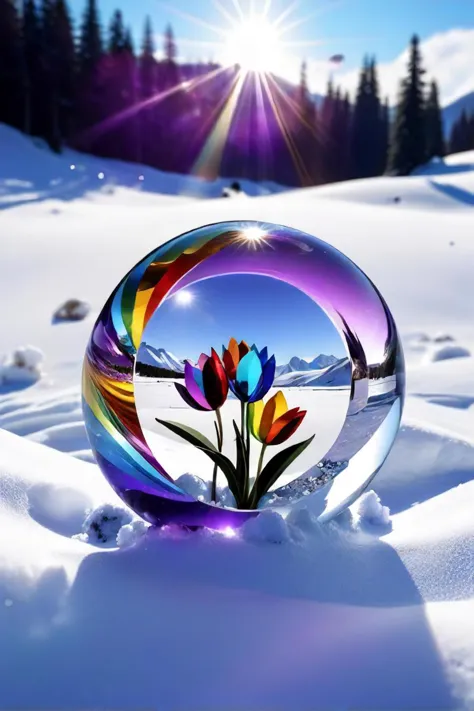 lila Croct im Schnee mit einem Regenbogen im Hintergrund, ein Raytracing-Bild von Igor Zenin, Gewinner des Pixabay-Wettbewerbs, Kristallkubismus, schöne Blumen und Kristalle, Glasblumen, Bunte Glaskunst