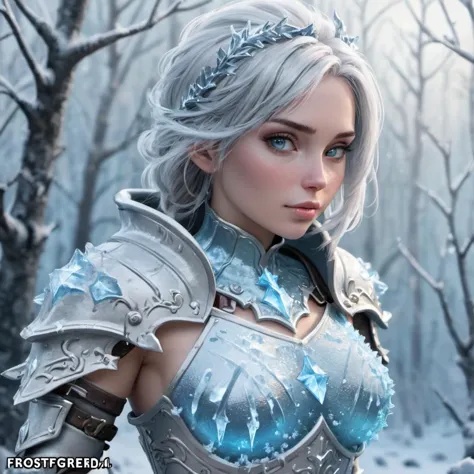 sexy Woman in Frostforged Frostmail: Covered in icy armor that glistens with frost crystals.