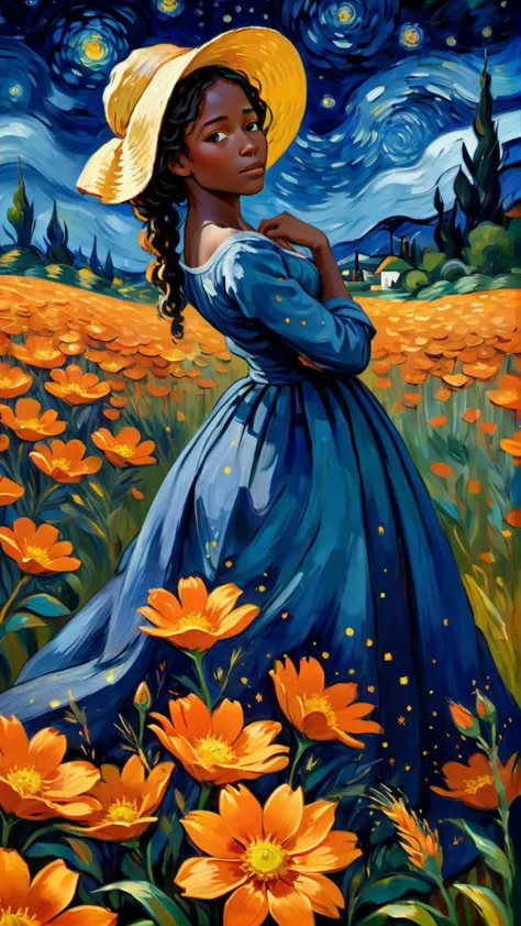 peinture impressionniste dans le style de Claude Monet et la nuit étoilée de Van Gogh,  Une jeune femme africaine, dans un champ de fleurs oranges, fond bleu foncé, couleurs vives, art fantastique,