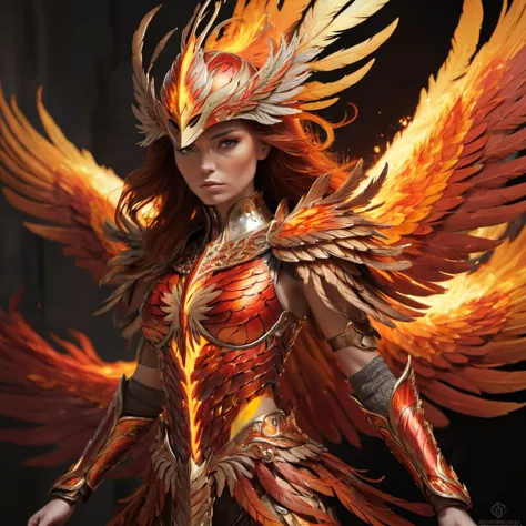 Woman in Phoenix Feather Armor: Brilliant and fiery, reminiscent of the phoenix's rebirth.