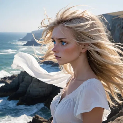 Windswept cliffs by the sea: She stands alone against the backdrop of the rugged coastline, her windswept blonde hair billowing ...