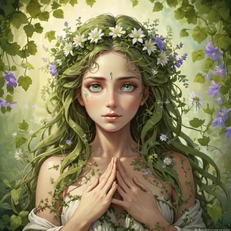 a painting of a woman with green hair and flowers in her hair