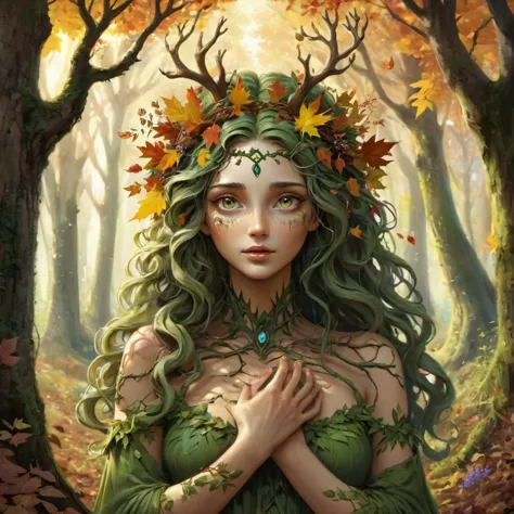 Goddess of the Forest, she emerges from the heart of the woods, skin adorned with the hues of autumn leaves. Eyes, as deep as th...