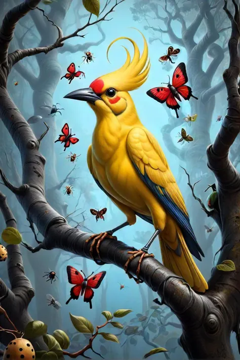 there is a yellow bird sitting on a tree branch with many bugs, a surrealist painting by ed binkley, cgsociety contest winner, p...