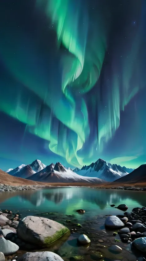 a intensive green and blue aurora bore over a mountain range and water with rocks in front of it and a mountain in the backgroun...