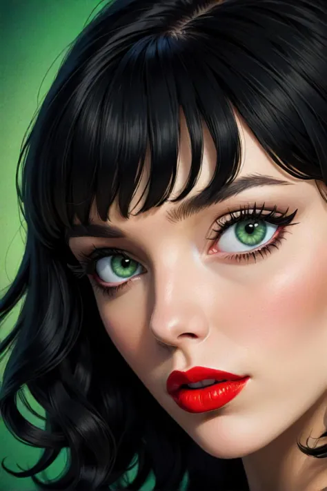 a close up of a woman with long hair and a red lipstick, beautiful!!! digital art, she has black hair with bangs, beautiful fit ...