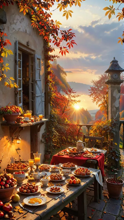 This inviting scene captures the essence of a cozy autumn morning with a rustic terrace filled with an abundance of nature's bounty. The table is set with fresh fruit and bread, while the sun rises in the background and casts a warm glow over the landscape. The painter has skillfully depicted the rich colors and textures of the season from the vibrant red leaves to the golden hues of the autumn sun. The attention to detail is striking from the individual chestnuts and hazelnuts to the intricate patterns on the tableware. This idyllic setting is perfect for a leisurely breakfast or a quiet moment of reflection evoking a sense of peace and tranquility, 
dvr-lnds-sdxl 