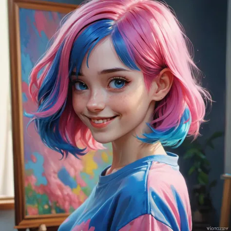 a close up of a person with a pink and blue hair