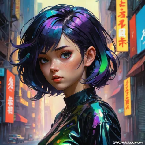 mulher cyberpunk com rosto bonito e fino, cara bonita, cabelo liso de óleo, rosto perfeito sombreado realista, detalhes extremamente finos, por iluminação sombreada realista, fundo dinâmico, pôster de ilya kuvshinov katsuhiro otomo, Magali Villeneuve, Artgerm, Jeremy Lipkin e Michael Garmash e Rob Rey, Pascal Blanche, kan liu