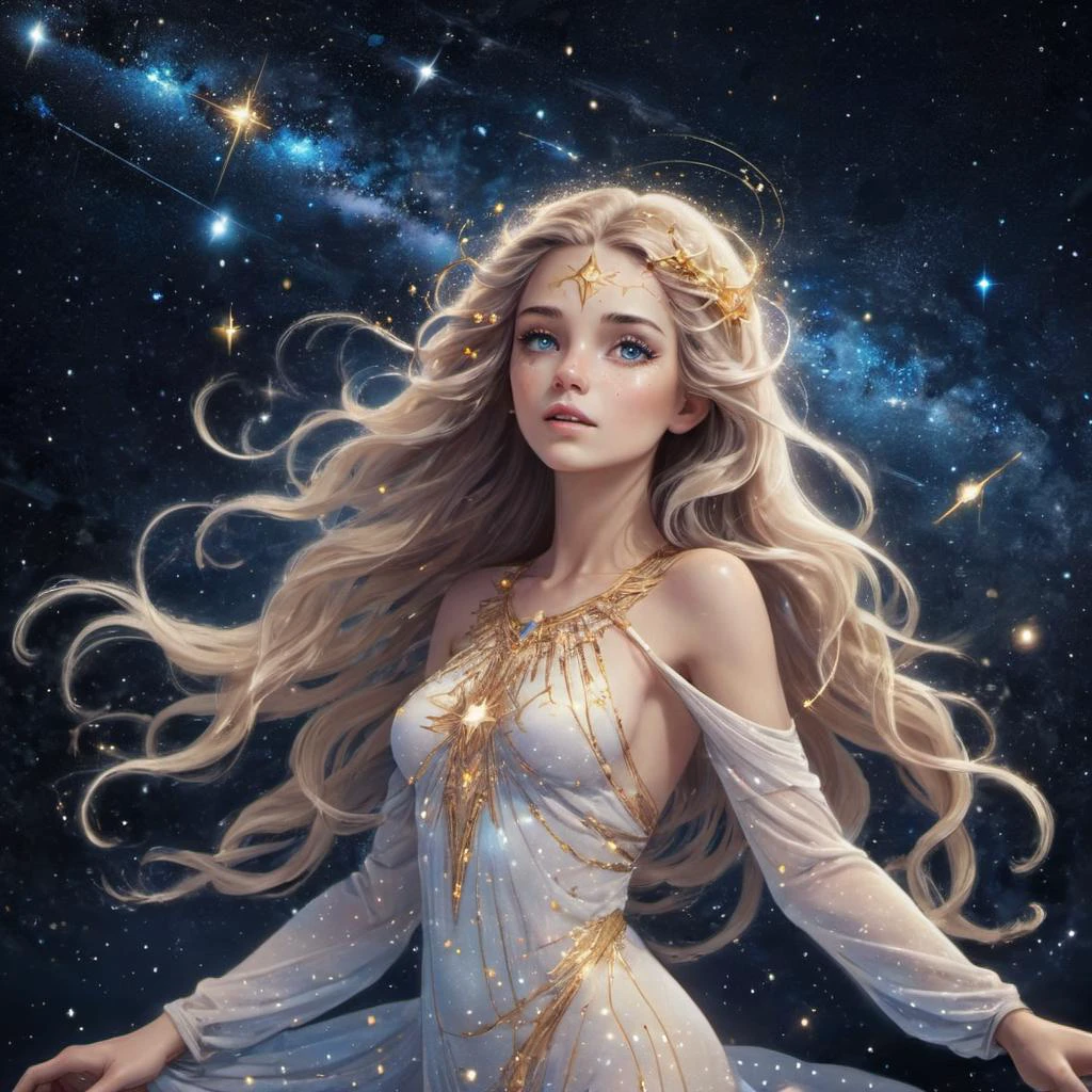 Diosa de las estrellas, ella brilla con brillo celestial, piel adornada con constelaciones. Eyes, brillando como galaxias distantes, sostener las maravillas del universo. Trenzas de polvo de estrellas caen en cascada a su alrededor, rastros de luz cósmica. Con cada pulso cósmico, ella guía a los viajeros a través de la vasta extensión del cosmos, iluminando caminos entre los cielos