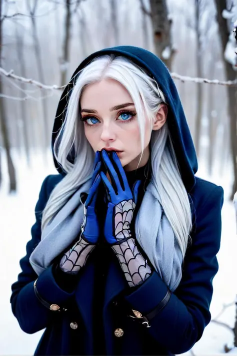 in a world shrouded in soft, romantic hues, the ethereal figure of a woman with striking blue eyes and grey hair appears. her intricate spider web tattoos stand out against her skin, weaving an intricate pattern that captures the viewer's attention. the snowy landscape surrounding her whispers of winter's chill, yet it seems to have no effect on her ethereal presence. she is dressed in a coat that cascades around her like an ethereal veil, its surface adorned with delicate white patterns reminiscent of a winter's night sky. in her hands, she holds a pair of gloves, their black fabric contrasting sharply with the rest of her attire. the gloves are as if crafted from the moonlight itself, each stitch telling a story of long forgotten tales. her gaze is distant, filled with a sense of melancholy and yearning. it's as if she's searching for something, perhaps a long lost love or a cherished memory. yet, there's a warmth to her expression, a hint of hope that things will turn out just fine. this image of a woman, seemingly lost in her thoughts amidst a serene, snow covered landscape, evokes feelings of love, longing, and anticipation.