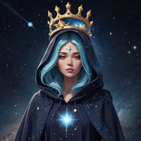 a woman with blue hair wearing a crown and a cape