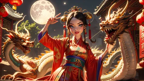 ((best quality)), ((masterpiece)), (intricate details, hyperdetailed:1.15), 35mm, bokeh, (perfect face, highest detailed face), (action shot, cinematic), long dress, (bratz posing with glowing Chinese dragon:1.4), Chinese dress, Chinese dragon, <lora:Dragon_girl:0.7>, fashion photography of bratz, <lora:bratz3-01:0.5>, lips, large breasts, beautiful, makeup, mascara, lip gloss, perfect eyes, long eyelashes, long black hair, smile, looking at viewer, V0id3nergy, <lora:kVoidEnergy:0.5>, 8k, shiny, glow, (bloom), (full moon, oriental dragon curling around her body, Lunar New Year setting:1.3), photoshoot