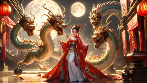 ((best quality)), ((masterpiece)), (intricate details, hyperdetailed:1.15), 35mm, bokeh, (perfect face, highest detailed face), (action shot, cinematic), long dress, (bratz posing with glowing Chinese dragon:1.4), Chinese dress, Chinese dragon, <lora:Dragon_girl:0.7>, fashion photography of bratz, <lora:bratz3-01:0.5>, lips, large breasts, beautiful, makeup, mascara, lip gloss, perfect eyes, long eyelashes, long black hair, smile, looking at viewer, V0id3nergy, <lora:kVoidEnergy:0.5>, 8k, shiny, glow, (bloom), (full moon, oriental dragon curling around her body, Lunar New Year setting:1.3), photoshoot