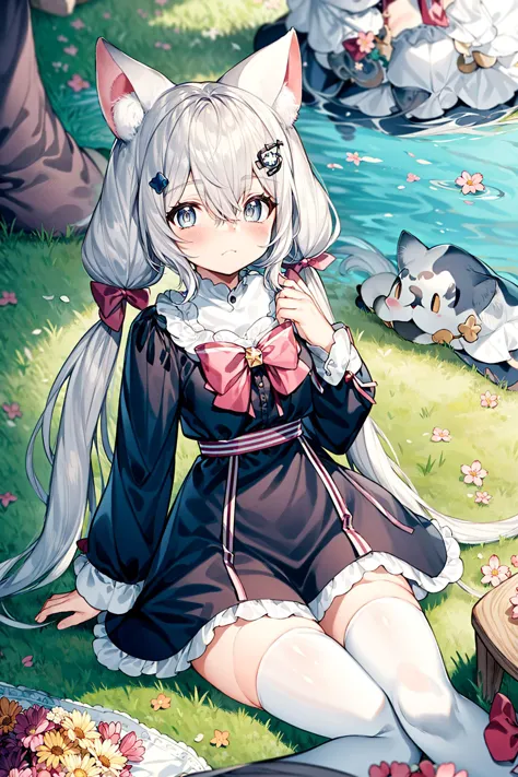 anime girl sitting on the ground with a cat in her hand