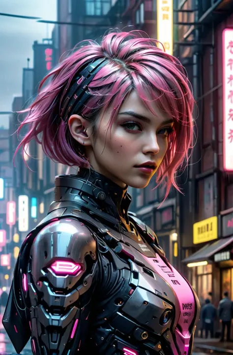 masterpiece, photorealistic highly detailed 8k photography, best cinematic quality, volumetric lighting and shadows, sharp intricate details, <lora:hadesarmorXL:1> pink wet-look hairstyle young woman in Sheffield Gray hdsrmr with text "HADES", cyberpunk city background